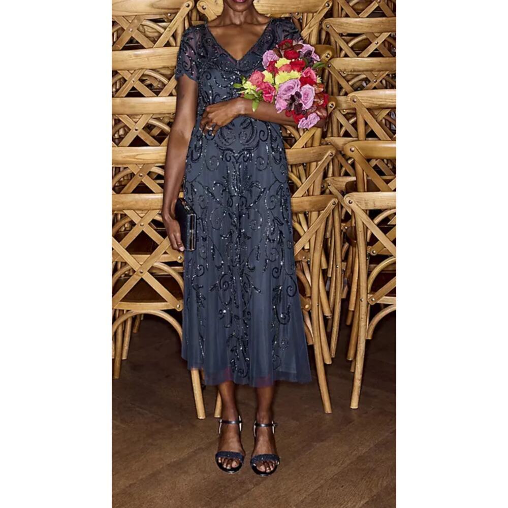 Oleg Cassini Allover Beaded Short Sleeve Midi Dress in Navy Blue Size 16 - Picture 5 of 15